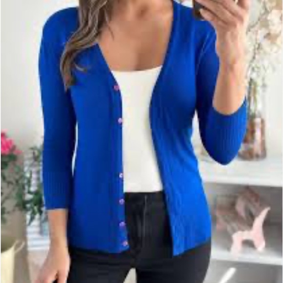 Gap royal blue button up 100% Cotton vneck 3/4 sleeve cardigan womens size Small - Picture 1 of 10
